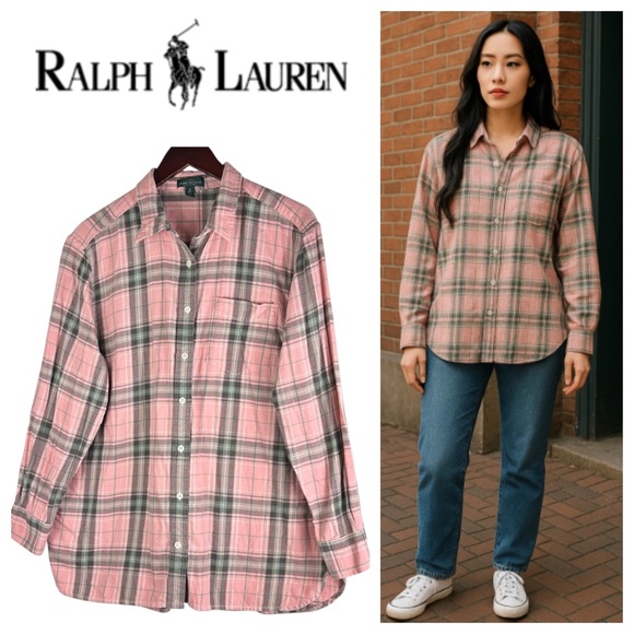 Ralph Lauren Shirt Top Blouse Button Down Sz 1X 16 18 Plaid Checked Pink Green - Picture 1 of 3